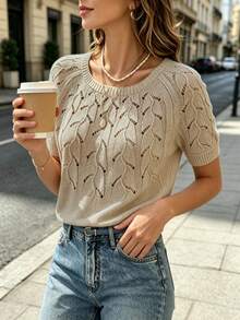 Women Solid Color Casual Minimalist Slim-Fit Crew Neck Short Sleeve Knit Sweater Spring - Apricot - View 3