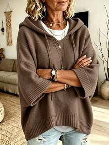 Plus Size Women's Hooded Sweater With Drawstring, Loose Fit Drop Shoulder 3/4 Sleeve Knit Pullover, Comfortable Autumn/Winter Knit Top - Coffee Brown - View 2