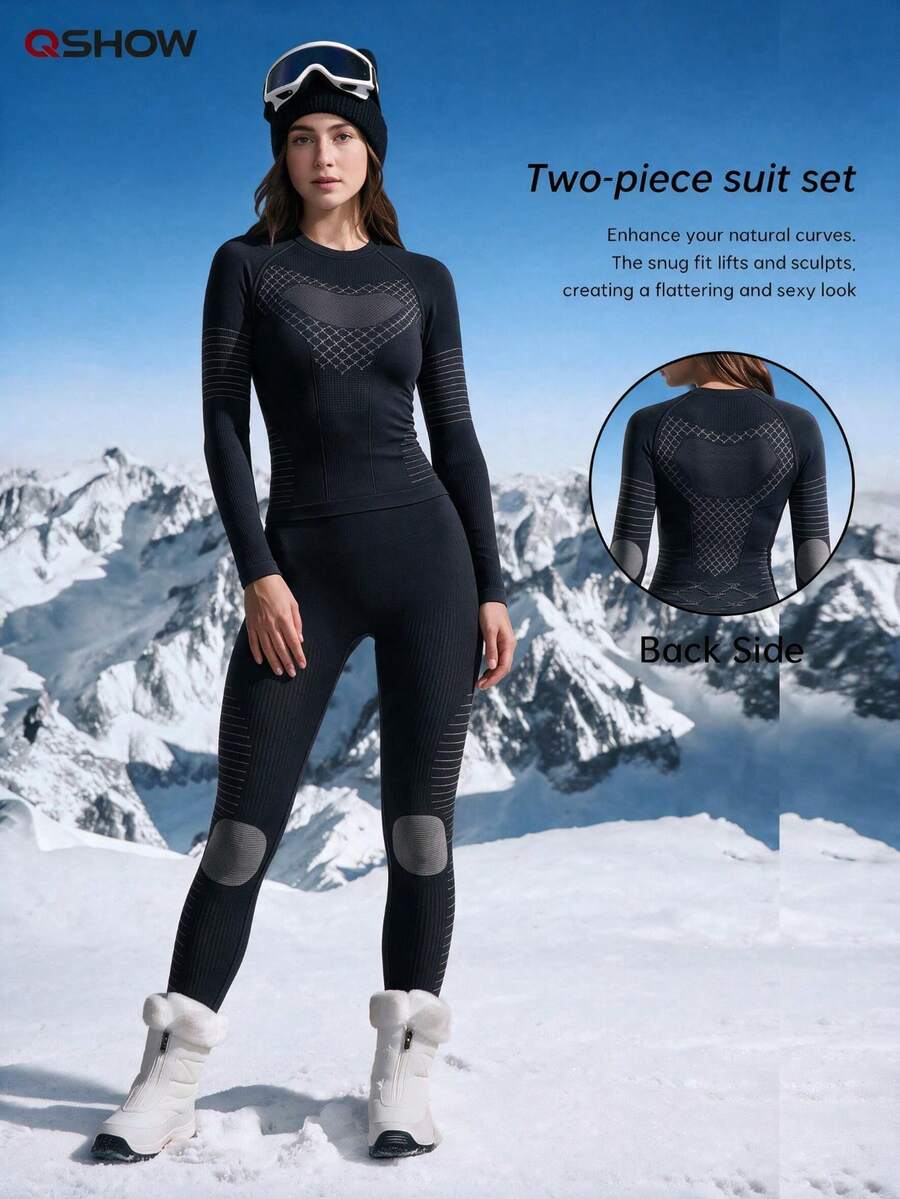 Women's Autumn/Winter Colorblock Elastic Warm Long Sleeve Ski Top And Pants Set - Black - View 1