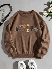 Sweater Pullover Wanita Ukuran Besar, Motif 7 Anak Kucing, Sweater Pullover Lengan Panjang Kerah Bulat, Pilihan Hangat dan Modis untuk Musim Gugur/Dingin - Coklat - View 2