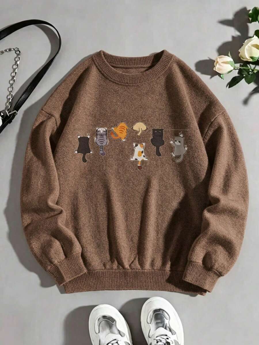 Sweater Pullover Wanita Ukuran Besar, Motif 7 Anak Kucing, Sweater Pullover Lengan Panjang Kerah Bulat, Pilihan Hangat dan Modis untuk Musim Gugur/Dingin