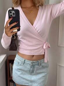 SCARLUX Fall Winter Women Y2K Knit Sweater Top, V‑Neck Tie Bow Long Sleeve Cardigan For Homecoming Street Wear - Pink - View 4