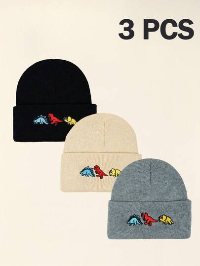 3Piece Newborn Three Dinosaurs Embroidery Baby Winter Warm Hat 0-8Y Knit Brimless Cute Boy Babies Beanie