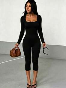 AiTyi Women's Y2K Square Neck Long Sleeve Capri Bodycon Jumpsuit, Tight Stretch Shaping Romper For Daily,Slim Fit,Versatile,Fall/Winter,Halloween - Black - View 6