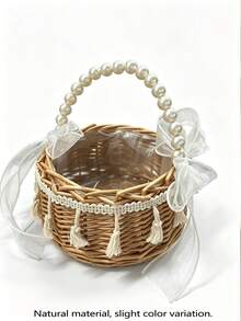1PC Brown Rattan Basket – Pearl Handle & 2 White Bows, Cute Nursery Storage For Kids Room,Baby Stuff,Room Essentials - Multicolor - View 8