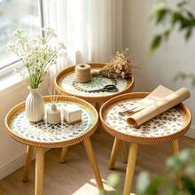 Bàn cạnh tròn đan mây thủ công với mặt bàn họa tiết mosaic, phù hợp trang trí nhà phong cách Bohemian, bàn cạnh tròn nhỏ - Nhiều màu - Xem 1