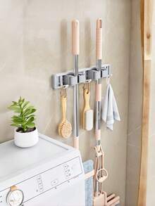 1pc Multifunctional Wall-Mounted Broom & Mop Holder, Silver Gray Rust-Proof Self-Adhesive Tool Organizer With Hooks, Suitable For Laundry Room, Garage, Kitchen, Christmas & Thanksgiving Home Cleaning Gift - Multicolor - View 5