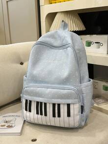 Piano Keyboard Polka Dot Backpack, Black & White Music Embroidery Large Capacity Multi-Pocket Casual Daily Use Backpack, Suitable For School, Music Class And Everyday Use - Multicolor - View 5