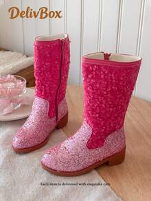 Rose Red Full Sequin Glitter Girls Mid-Calf Boots, Convenient Side Zipper Chunky Heel Princess Boots, Birthday Party Stage Performance Shoes - Rose Red - View 1