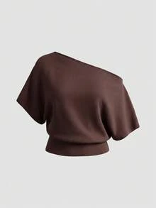 VINOVA Women's Knitted Basic Cold Shoulder Short Sleeve Fashion Top, Autumn Fashion, Casual Shirt, Women's Office Top, Going Out Top, Business Top - Brown - View 9