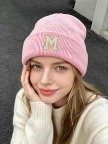 1pc Women's Cuffed Ribbed Knit Beanie Hat, Choose From 26 Letters, Soft & Comfortable Ladies Autumn/Winter Warm Hat, Suitable For Holidays, Daily Wear - Pink - View 1