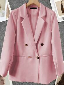 Spring/Summer Women's Solid Color Long Sleeve Double-Breasted Blazer, Notched Lapel | Ideal For Dates, Parties, Outings And Holiday Celebrations - Pink - View 3