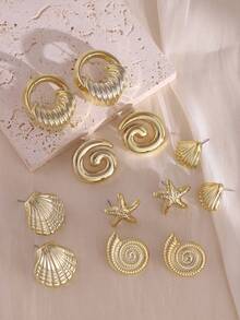 6 Pairs Fashionable Women's Gold Earrings Set Unique Geometric Shapes Multiple Starfish Element Stud Earrings Gold Earrings - Gold - View 2