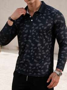Men's Vacation Dark Pattern Geometric Long Sleeve Polo - Multicolor - View 2