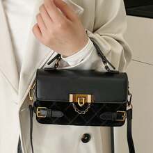 1pc Black Rhombus Quilted Mini Handbag, Vintage Gold Lock Chain Decor Top Handle Adjustable Strap Crossbody Shoulder Bag For Women - Black - View 2