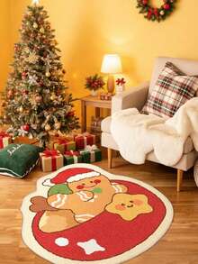 Round Burgundy Christmas Tufted Rug Checkered Border Snowman Gingerbread Gift Candy Cane Plush Rug Wreath - Red - View 3