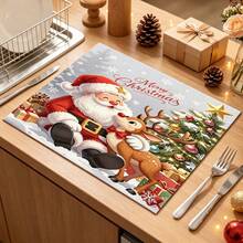 1pc Dish Drying Mat, Coffee Machine Mat, Christmas Theme Santa Claus & Reindeer Pattern Dish Drying Mat, Absorbent Quick Dry Tabletop Protector, New Year Dining Table, Kitchen Holiday Atmosphere Decorative Mat, Holiday Placemat, Multi-Purpose Drying Mat, Home Gift, Desktop Decoration - XYLSD-1121 - View 4