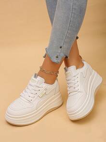 Women's Fashion Thick Sole Athletic Shoes Lace-Up Versatile Casual Sneakers - Apricot - View 3