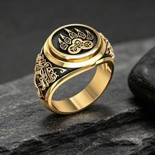 Vintage Totem Emblem Gold Men's Ring, Punk Gothic Style Pattern Wide Band Ring, Personalized Men's Accessory, Halloween Gift - Multicolor - View 2