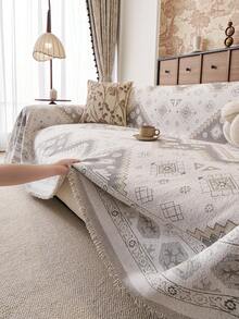 1pc Bohemian Geometric Tassel Sofa Throw, Universal Full Coverage Sofa Cover, Machine Washable Pet-Friendly Furniture Protector, Suitable For Living Room - Grey - View 2
