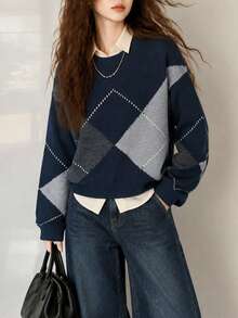Women's New Autumn/Winter Minimalist Style Large Argyle Pattern Crew Neck Pullover Sweater - Navy Blue - View 1