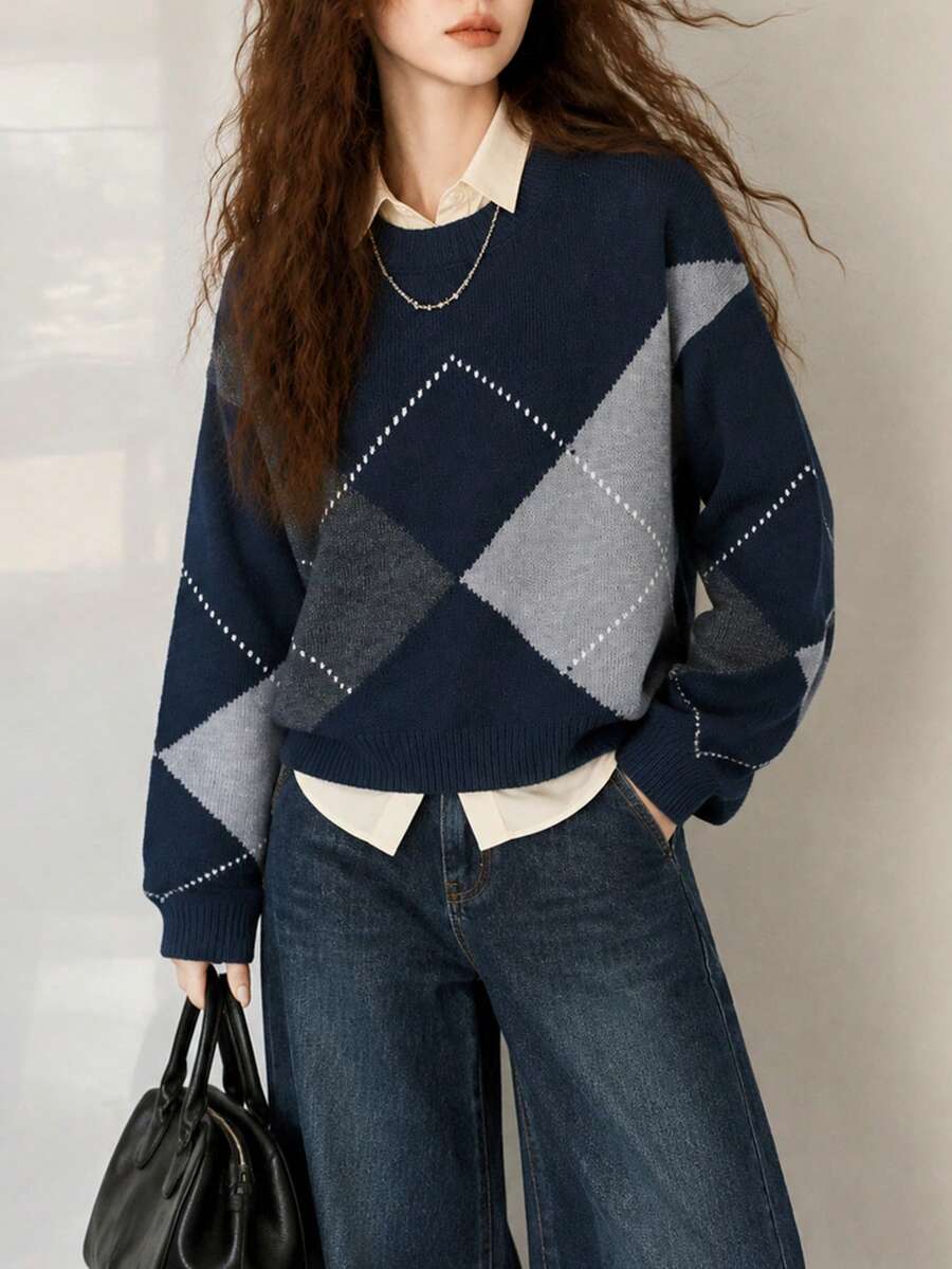 Women's New Autumn/Winter Minimalist Style Large Argyle Pattern Crew Neck Pullover Sweater - Navy Blue - View 1
