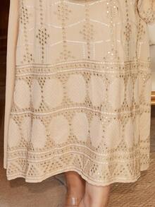 Intricate Embroidered Arabic Women's Dress 2026 Summer Autumn Apricot Elegant Saudi National Day Dress, JALABIYA Tassel V-Neck, Casual Travel Outfit - Apricot - View 10