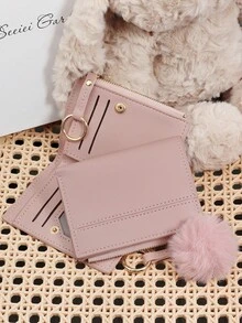 Adorned With A Delicate Pom-Pom, Ladies' Fashion Coin Wallet Zipper Folding Button Short Wallet With Small Wrist Circle Decoration, Daily Commuting - Lilac Purple - View 8
