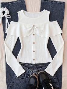 1pc Girls' Knitted Top, White Ribbed Open Shoulder Ruffle Long Sleeve Blouse, Casual Fashion Outfit - White - View 1