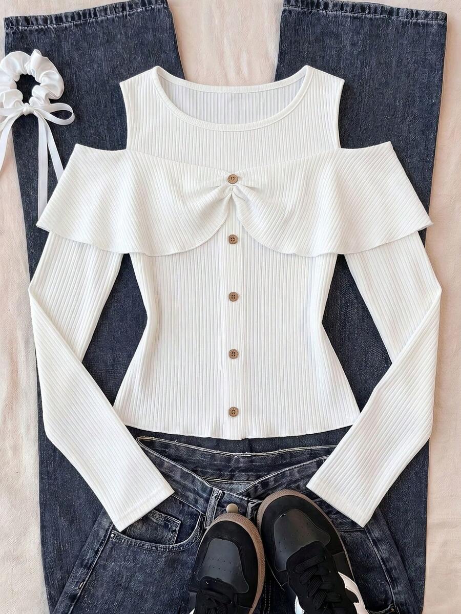 1pc Girls' Knitted Top, White Ribbed Open Shoulder Ruffle Long Sleeve Blouse, Casual Fashion Outfit - White - View 1