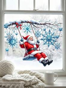 Christmas Window Sticker, Santa Claus Static Cling Window Sticker, Icy Snowflake Frosty Branch Pattern, For Winter Holiday Window Decorations For Winter, Birthday, Christmas Xmas Winter Wonderland Decorations, Winter Holiday Window Decorations - Multicolor - View 6