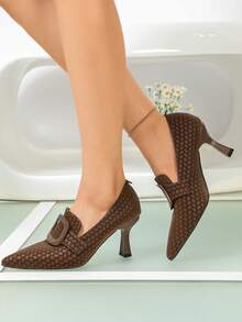 Brown Embossed Woven Pointed Toe High Heels,Slim Pointed Toe,Stable Flared Stiletto Heel,Slip‑On Deep Vamp Pumps,Retro Intellectual Women Loafers - Brown - View 2