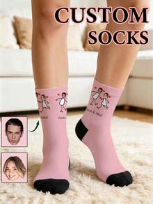Custom Romantic Love Wedding Crew Socks, Heart Frame,Mr And Mrs,Couple Stick‑Figure Print Pink Mid‑Calf Socks,Gift Socks For Women - Pink - View 5