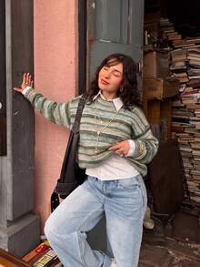 女款可愛休閒太空骰子彩色 Y2K 寬鬆長袖針織套頭毛衣，秋冬穿搭，返校季 - 漸層綠 - 查看 5