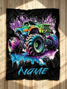 Personalized Monster Truck Throw Blanket For Kids, Custom Name Colorful Cartoon Lightweight Blanket, Soft Warm Winter Blanket, Suitable For Kids - Multicolor - View 5