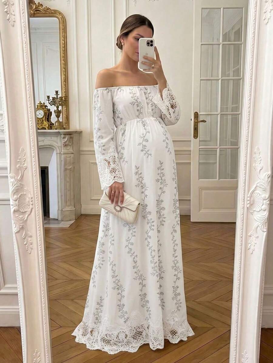 Maternity Off-Shoulder Embroidered Lace Dress, White Loose Flowing Pregnancy Gown, Plus Size Everyday Maternity Dress Fall - White - View 1