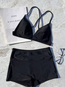 Women's Elegant Minimalist Black Triangle Bikini, Suitable For Spring/Summer Beach Vacation, Seaside Activities And Holiday Outfits - Black - View 2