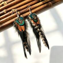 1 Pair Leopard Print Natural Feather Street Style Long Dangle Earrings For Women - Exotic - View 6