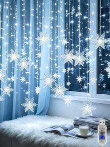1PC Large Snowflake Icicle String Light, Christmas Curtain LED Fairy Light, 8 Flashing Light Modes, Indoor Decoration, Bedroom, Party, Home Christmas Tree Decoration, Holiday Party, Gift - Snowflake Curtain Lights - View 4