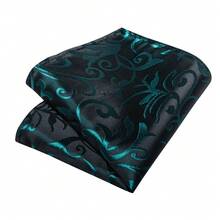 Set 4 Potong Dasi Pria, Sapu Tangan Saku, Manset Kemeja, Jepit Dasi Motif Gulungan Hijau Latar Hitam untuk Jas Bisnis Kasual Serasi - Hijau - View 5