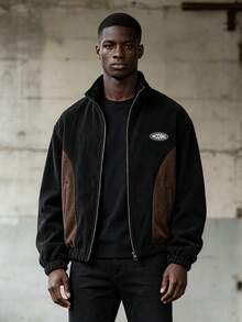 Men's Colorblock Corduroy Stand Collar Zip-Up Jacket, Letter Embroidery Casual Loose Long Sleeve Outerwear - Black - View 3