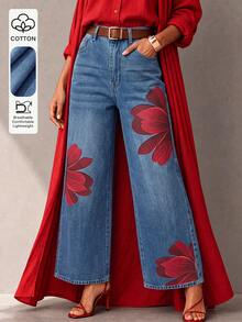 Vintage Floral Print Denim Long Pants, Classic Wide Leg Loose Fit Jeans For Women - Medium Wash - View 1