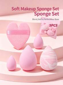 5pcs Makeup Sponge Set, Water Drop Puff, Heart Shaped Puff, Foundation Concealer Powder Dry & Wet Dual Use Makeup Puff - Pink - View 2