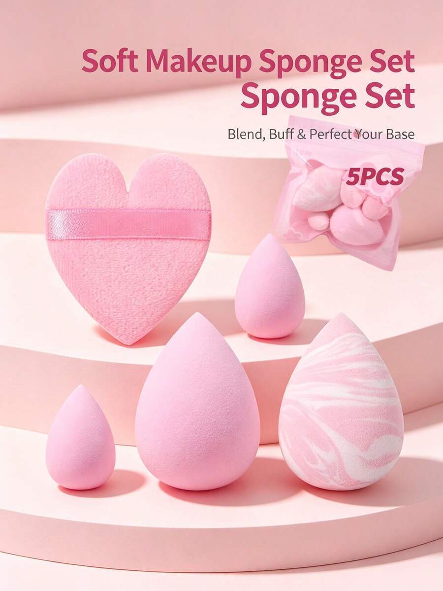 5pcs Makeup Sponge Set, Water Drop Puff, Heart Shaped Puff, Foundation Concealer Powder Dry & Wet Dual Use Makeup Puff