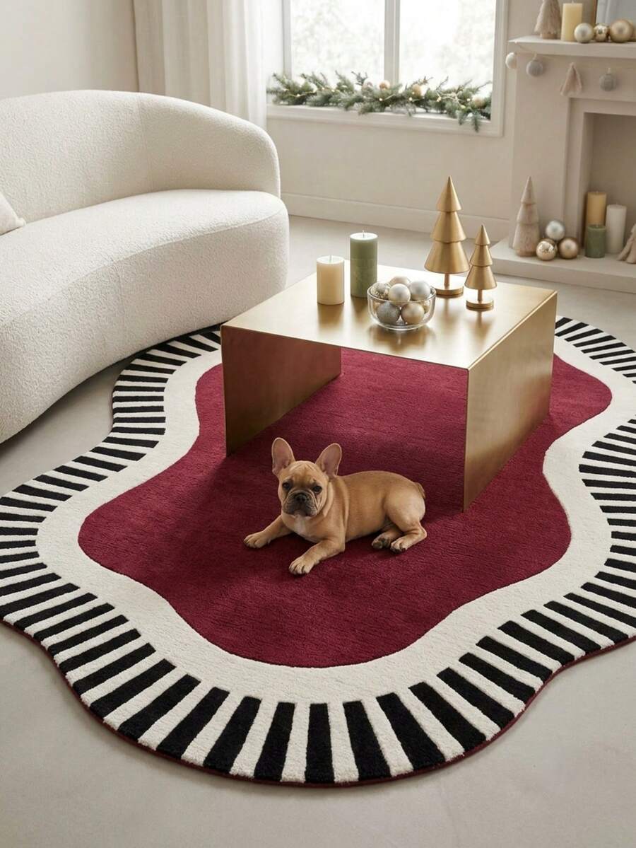 1pc Burgundy Striped Asymmetrical Area Rug, Living Room Carpet, Area Rug, Small Area Rug, Mat, Home Decor, Large Living Room Carpet, Round Carpet, Living Room Home Decor, Room Decor, Washable Carpet - Multicolor - View 1