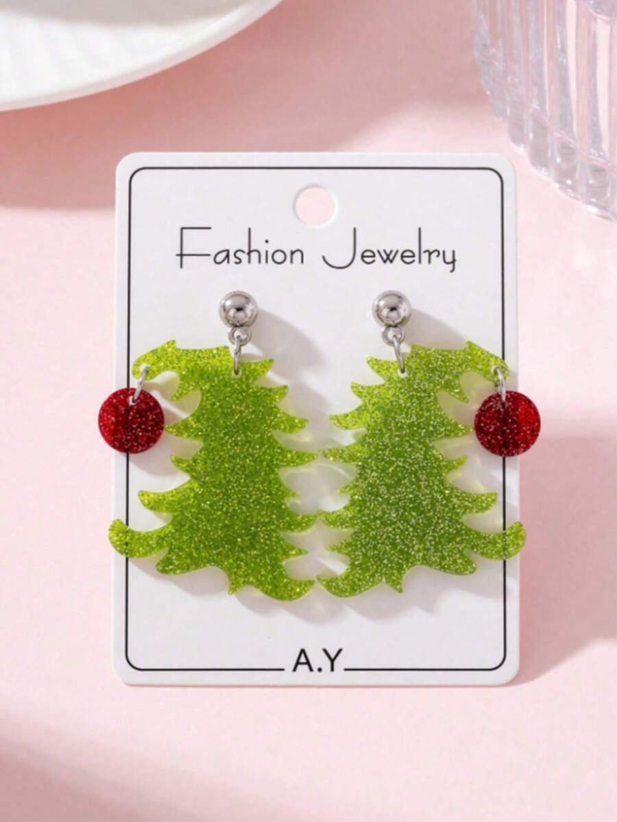 1 Pair Christmas Holly Berry Christmas Tree Pattern Women's Fashion Jewelry Earrings, Perfect Gift For Holiday Party - Christmas Tree - View 1