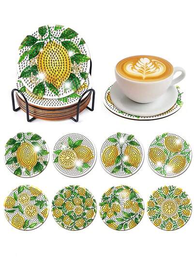DIY 8 Pieces Lemon Pattern Diamond Painted Coasters With Stand, Drink Coasters, Tabletop Mats, Non-Slip Coasters, Home Kitchen Decoration, Holiday Party Decoration, Handicraft Gifts