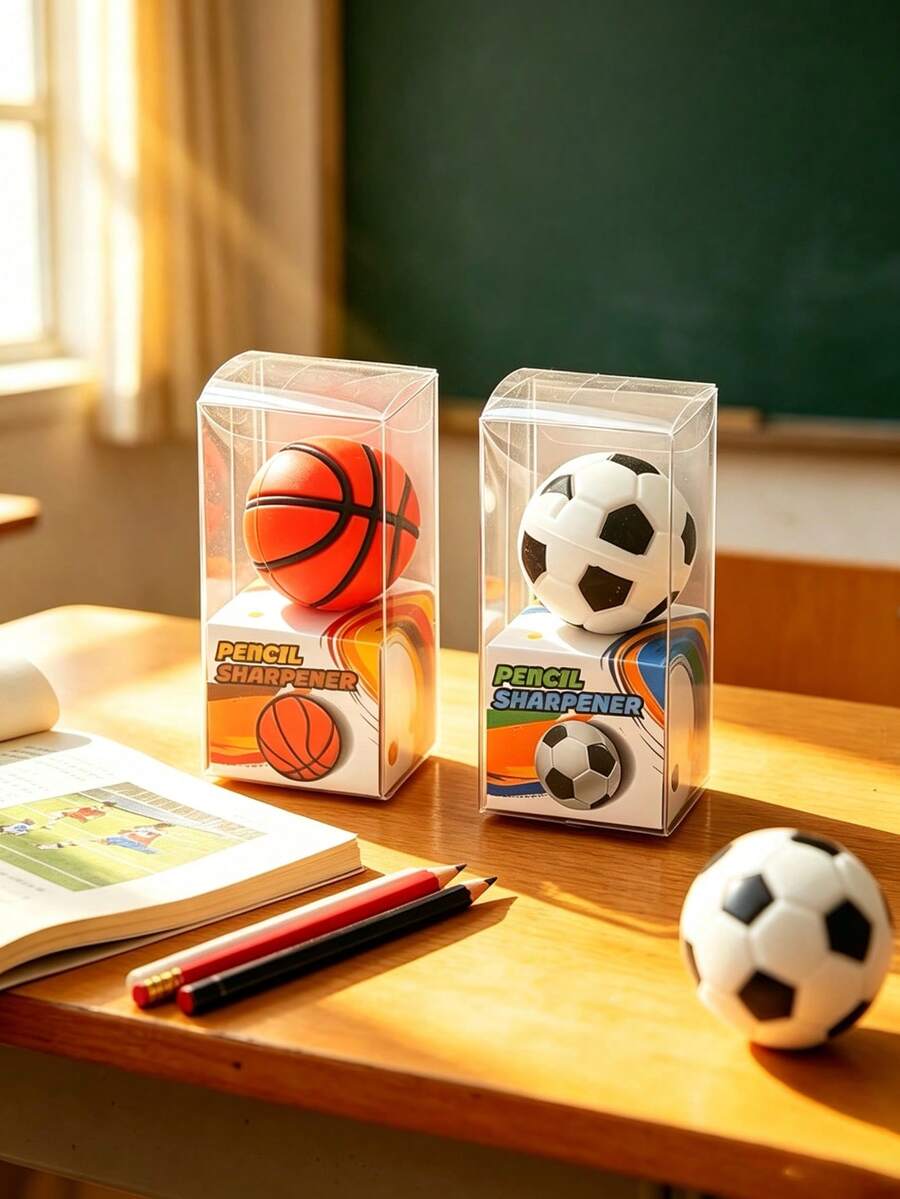 Colorful Creative Football & Basketball Shaped Pencil Sharpener, PVC Material, Portable Single-Hole Manual Pencil Sharpener, Office Supplies, Student Learning Aid Tool, Creative Stationery Gift, Suitable For Friends Or Family - A - View 1