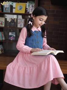 Vihyde Tween Girls Back‑To‑School 2‑Piece Outfit, Striped Long‑Sleeve Shirt Dress & Denim Vest Fall Winter Set - Pink - View 3