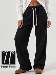 KyrLssu Women Drawstring Elastic Waist Wide Leg Sweatpants, Loose Straight Casual Trousers With Decor Drawstring & Side Pockets, Daily Street Loungewear Pants - Black - View 1